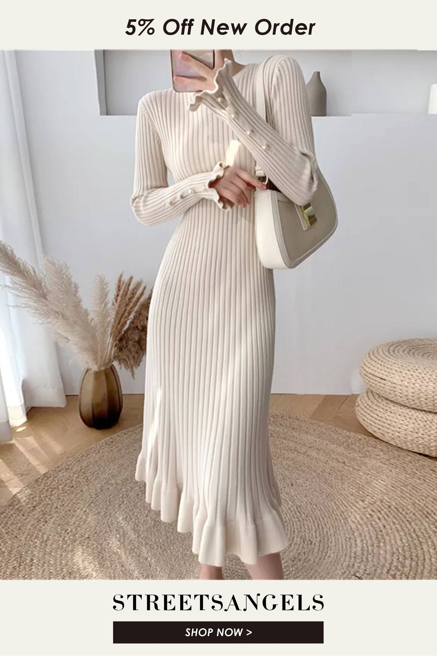 Fashion Sexy Elegant Knit Sweater Dress Slim Flared Midi Dress