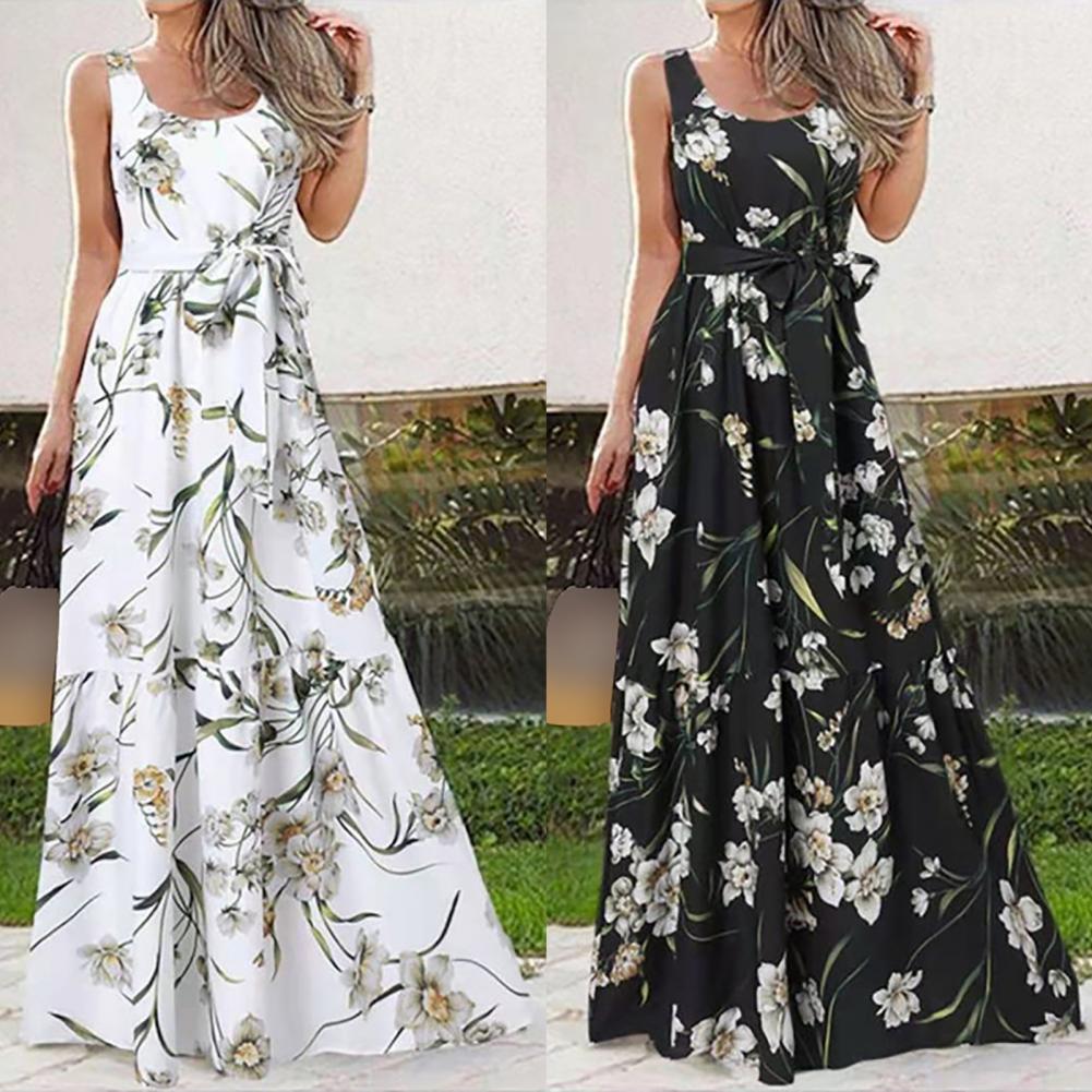 Trendy Boho Casual O Neck Loose Tunic Waist Swing Print Pleats Maxi Dress