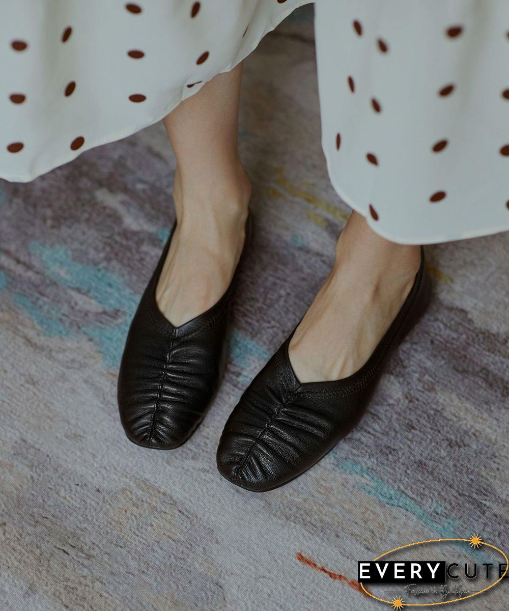 Genuine Leather Black Pointed Toe Flat Shoes For Women