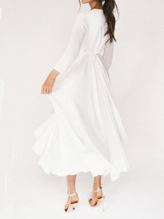 White retro V-neck long sleeve dress