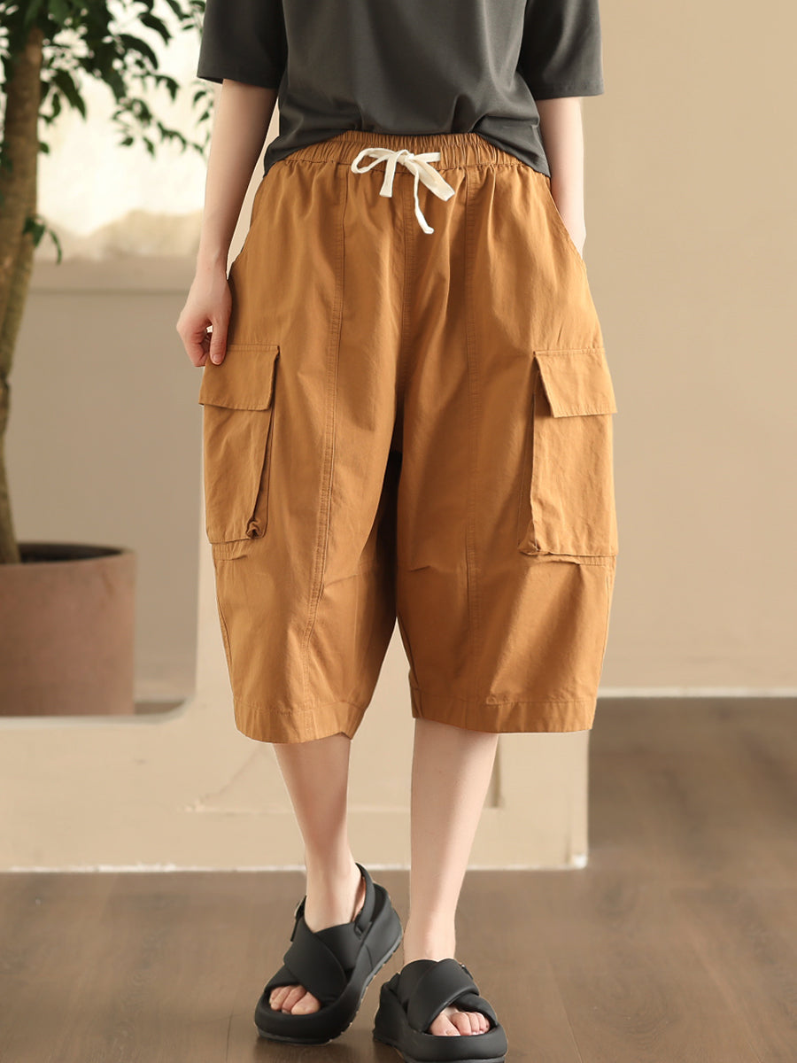 Women Summer Casual Solid Pocket Loose Cotton Fifth Pants FD022