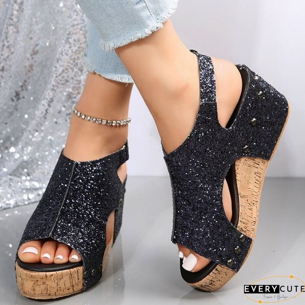 Black Casual Hollowed Out Sequins Patchwork Fish Mouth Out Door Wedges Shoes