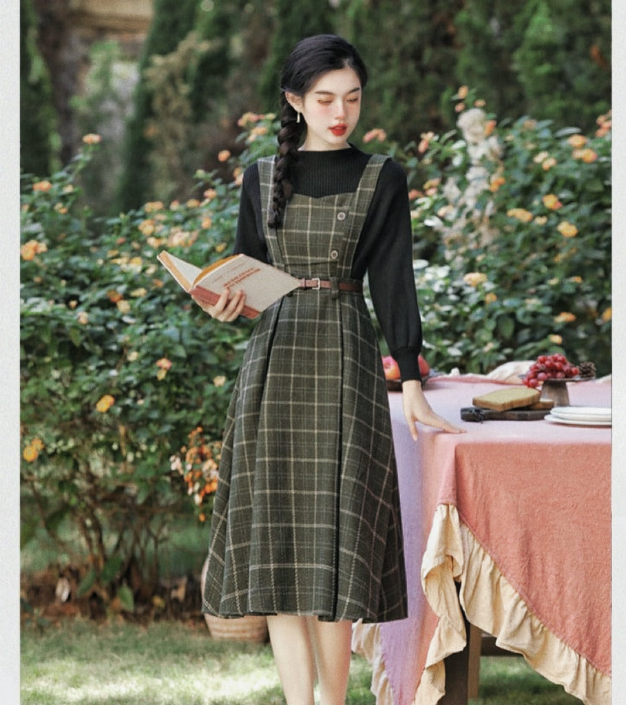 Forest Witch 2-Piece Dark Academia Wool Plaid Dress Set