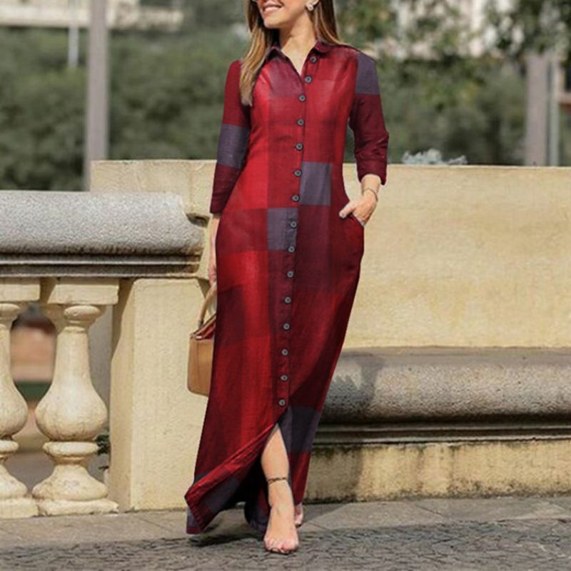 Women's Pleated Shirt Casual Lapel Print Party Maxi Dress