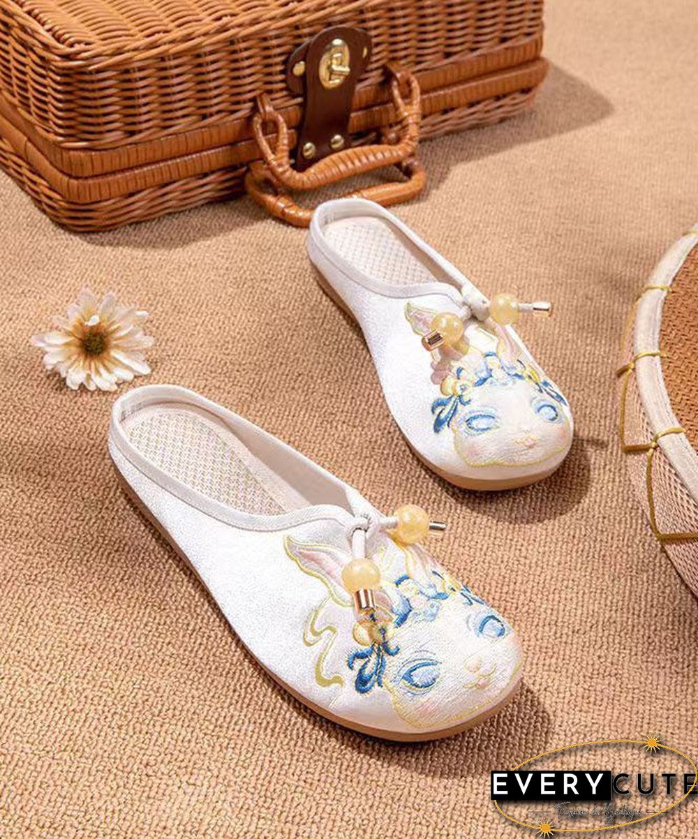 White Embroideried Splicing Flat Slippers Shoes Women