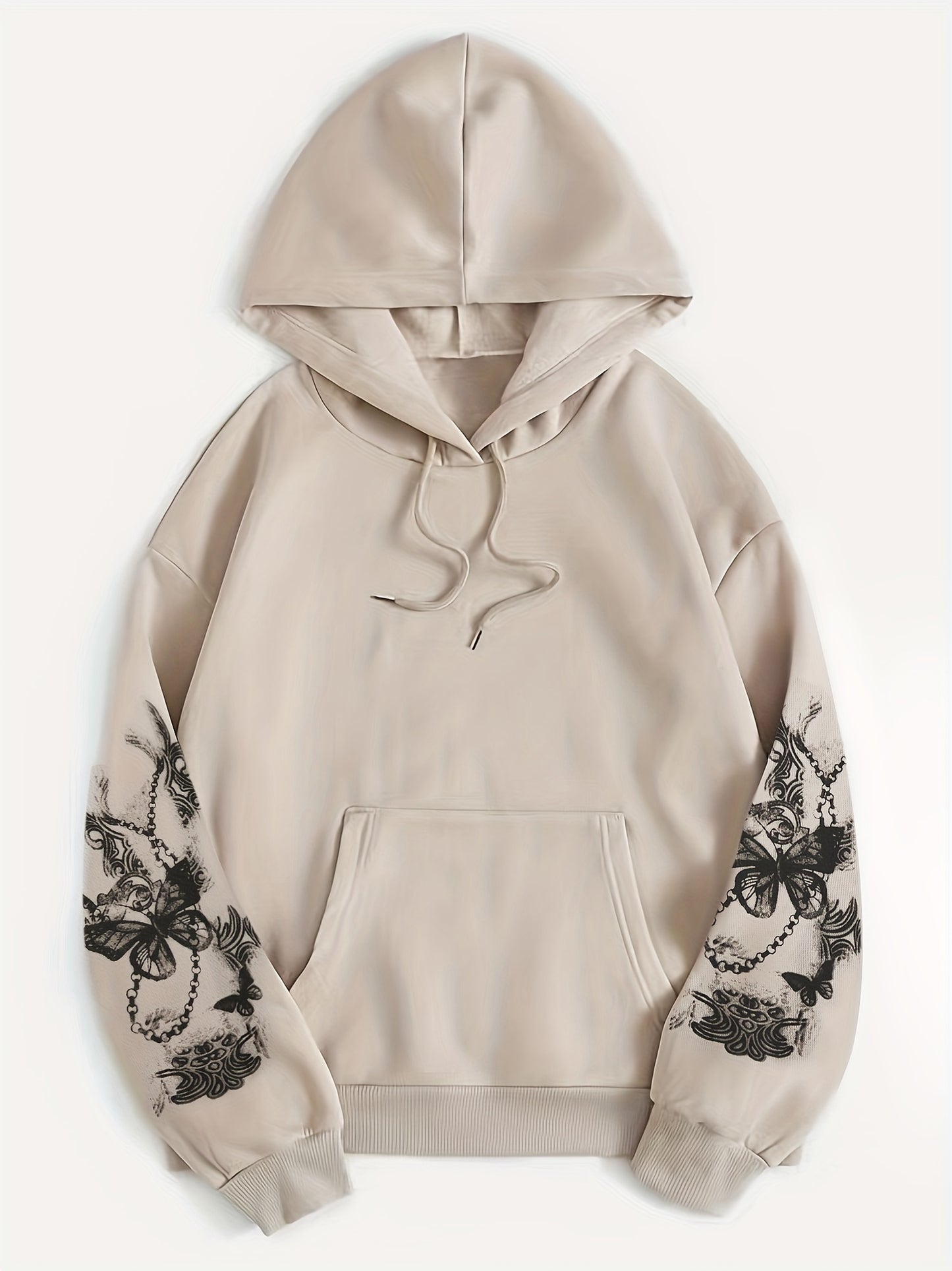 Butterfly Print Kangaroo Pocket Hoodie, Casual Long Sleeve Drawstring Hoodies Sweatshirt, Women's Clothing