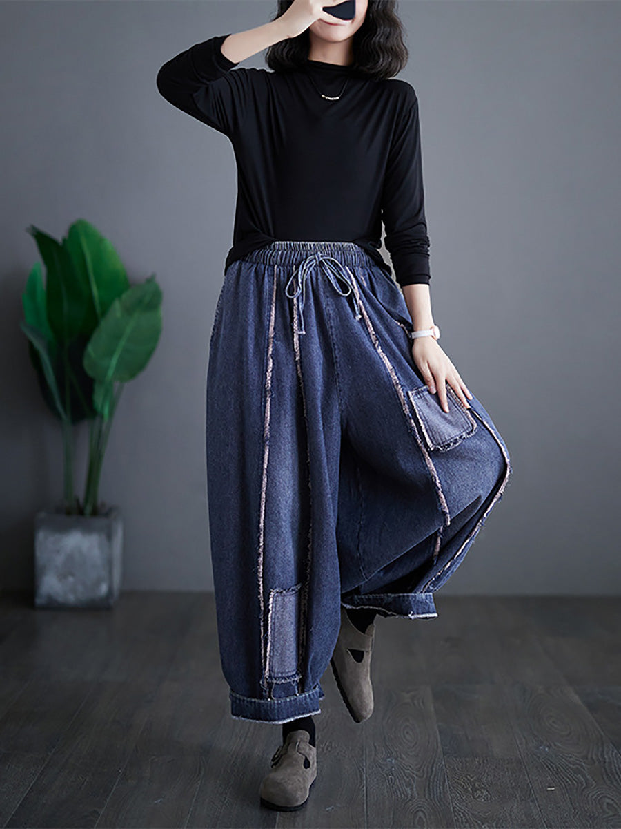 Women Summer Vintage Denim Patch Spliced Harem Pants FD031