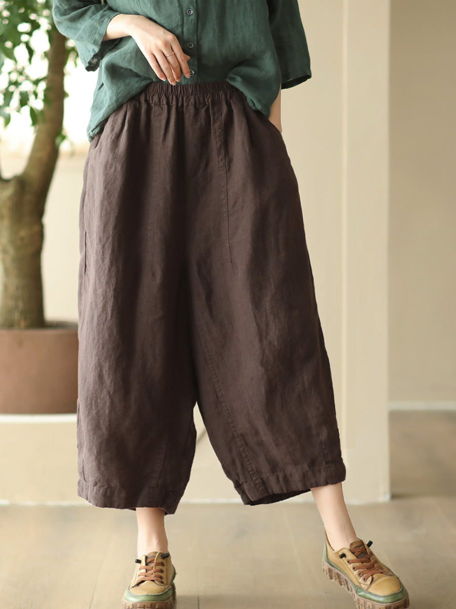 Women Summer Retro Solid Linen Loose Harem Pants FD009