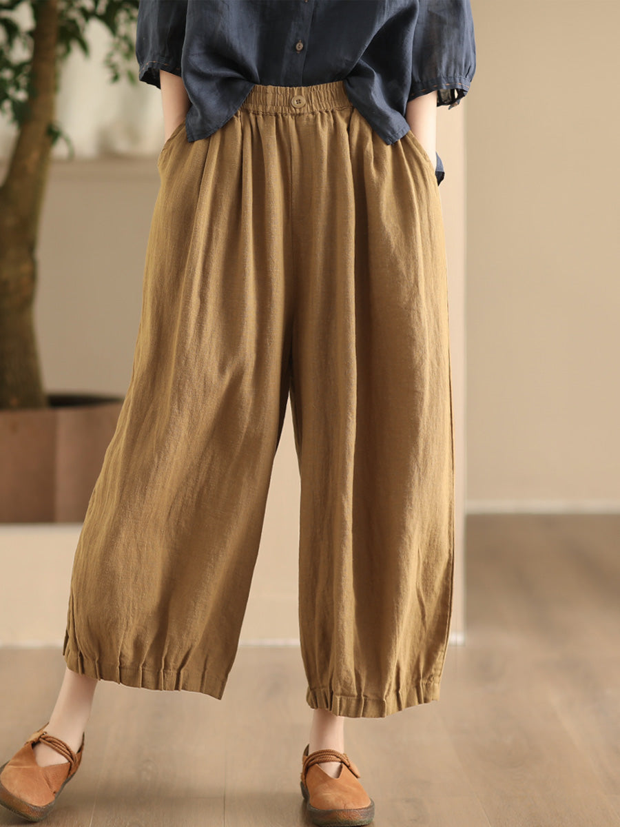 Women Summer Vintage Solid Linen Wide-leg Pants FD038