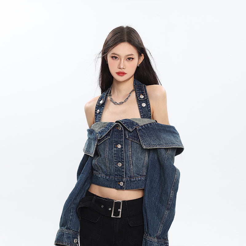 Seanna Denim Blue Spice Neck Off-the-Shoulder Halter Loose Cropped Jacket Top