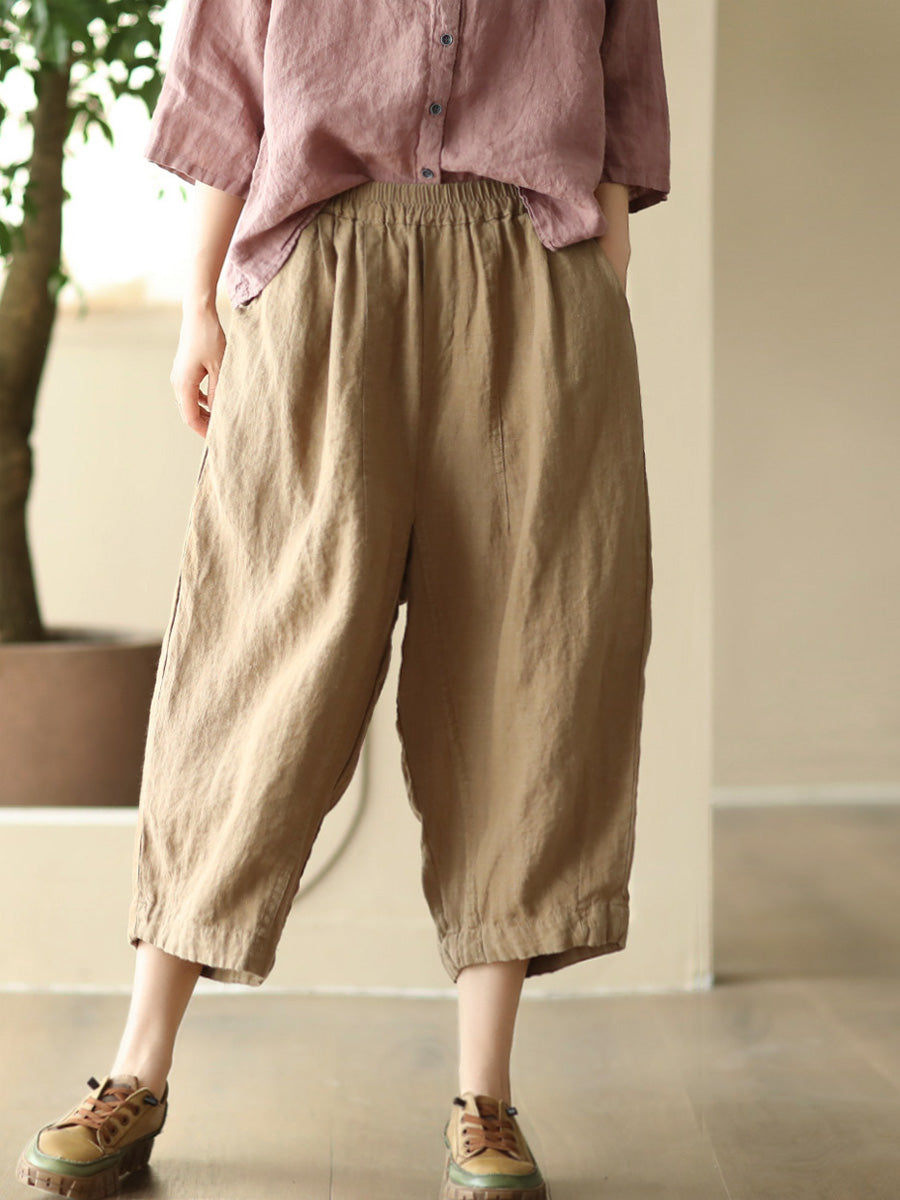 Women Summer Retro Solid Linen Loose Harem Pants FD009