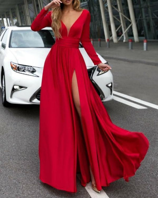 V-Neck Solid Color Long Sleevethe Sides Split Maxi Dress