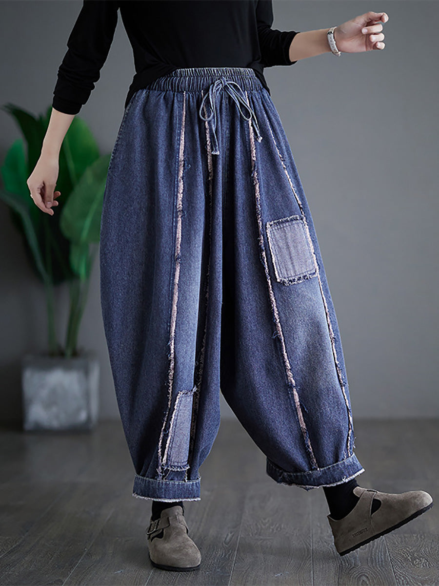 Women Summer Vintage Denim Patch Spliced Harem Pants FD031