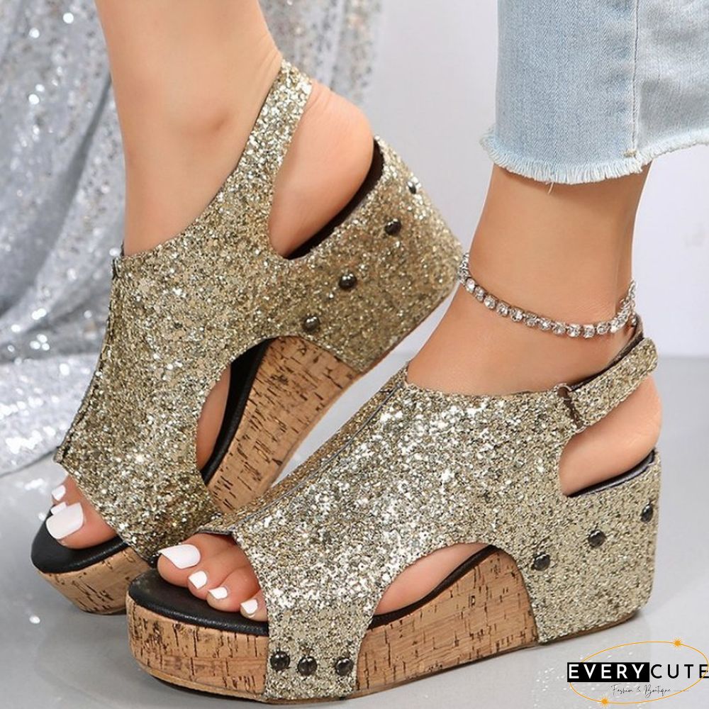 Black Casual Hollowed Out Sequins Patchwork Fish Mouth Out Door Wedges Shoes