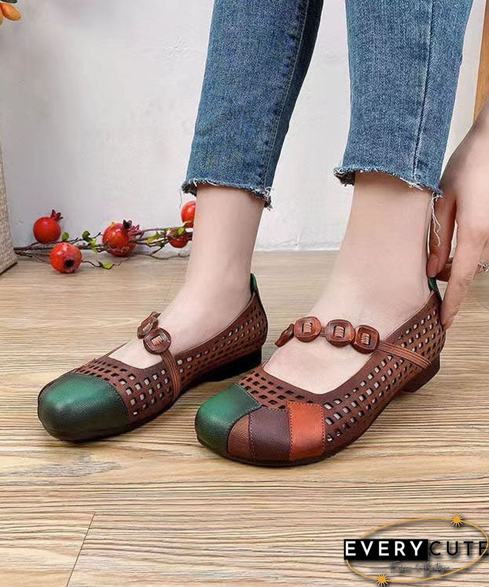 Fashion Splicing Flat Shoes Brown Hollow Out Cowhide Leather