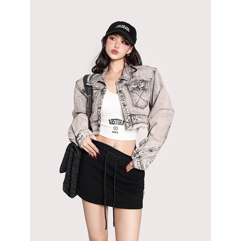 Trie Washed Bleach Denim Grey Multi Pocket Long Sleeve Cropped Jean Jacket