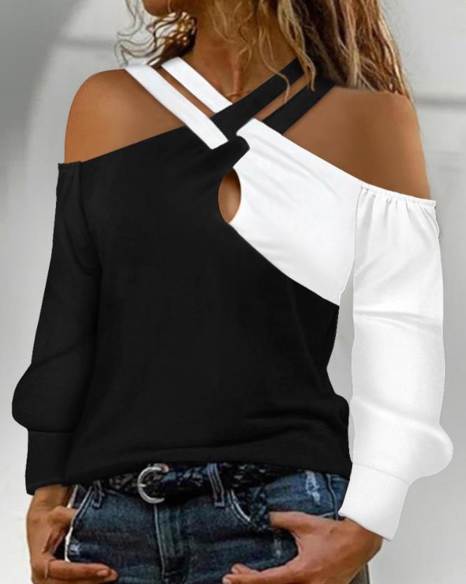 Trendy Color Block Cross Off Shoulder Long Sleeve Casual Blouses & Shirts