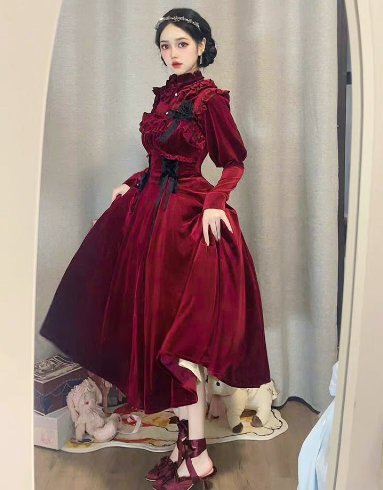 Ruby Victorian-Vintage-Academia Burgundy-Red Velvet Dress