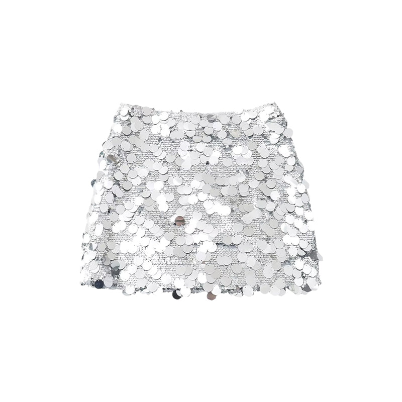 Alexa Silver Chic Shiny Sequined High-Waisted Slim High Waist Mini Skirt