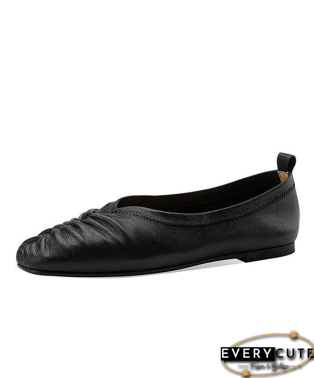 Genuine Leather Black Pointed Toe Flat Shoes For Women