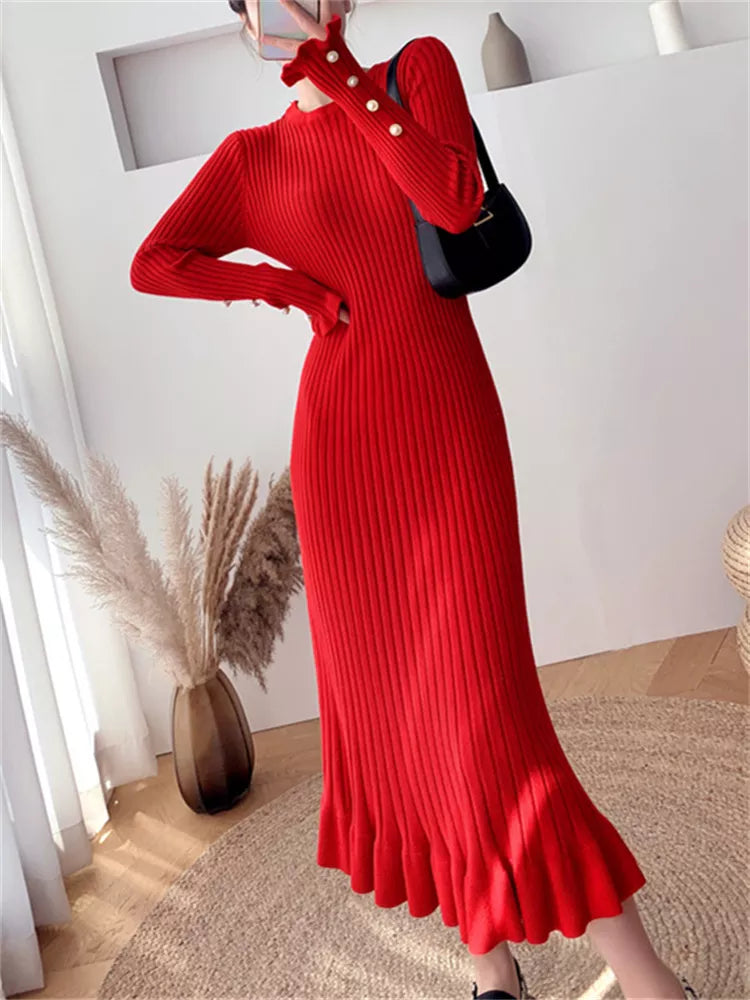 Fashion Sexy Elegant Knit Sweater Dress Slim Flared Midi Dress