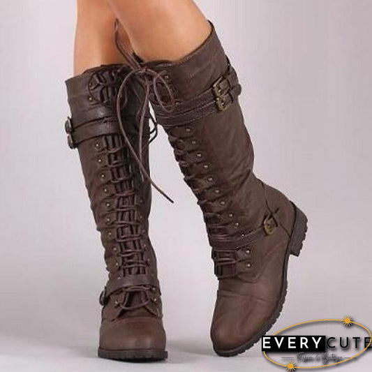 Autumn Winter Vintage Flat Lace Up Mid Calf Boots