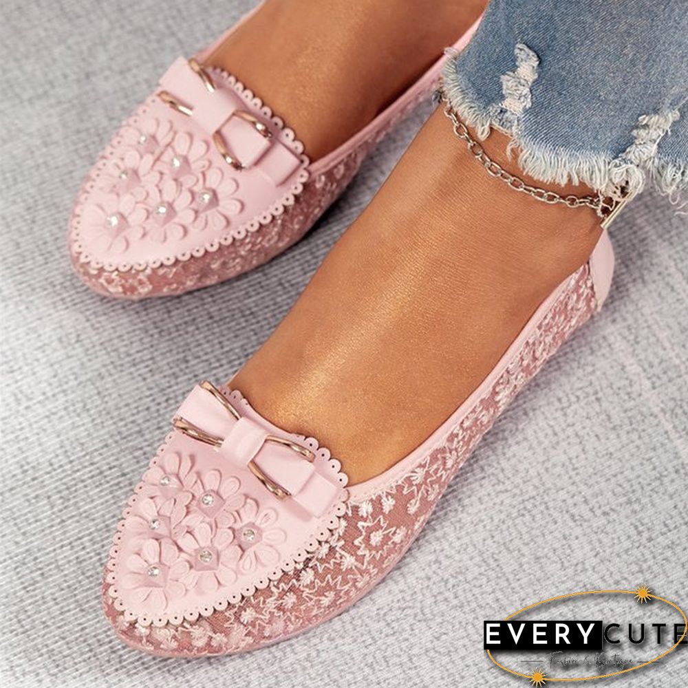 Women's Elegant Applique Bowknot Decor Lace Split Joint Flat Shoes