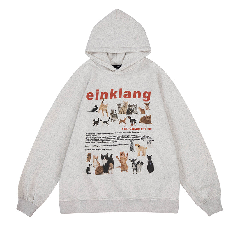 EINKLANG Vintage Cat Dog Plush Oversized Long Sleeve Hoodie