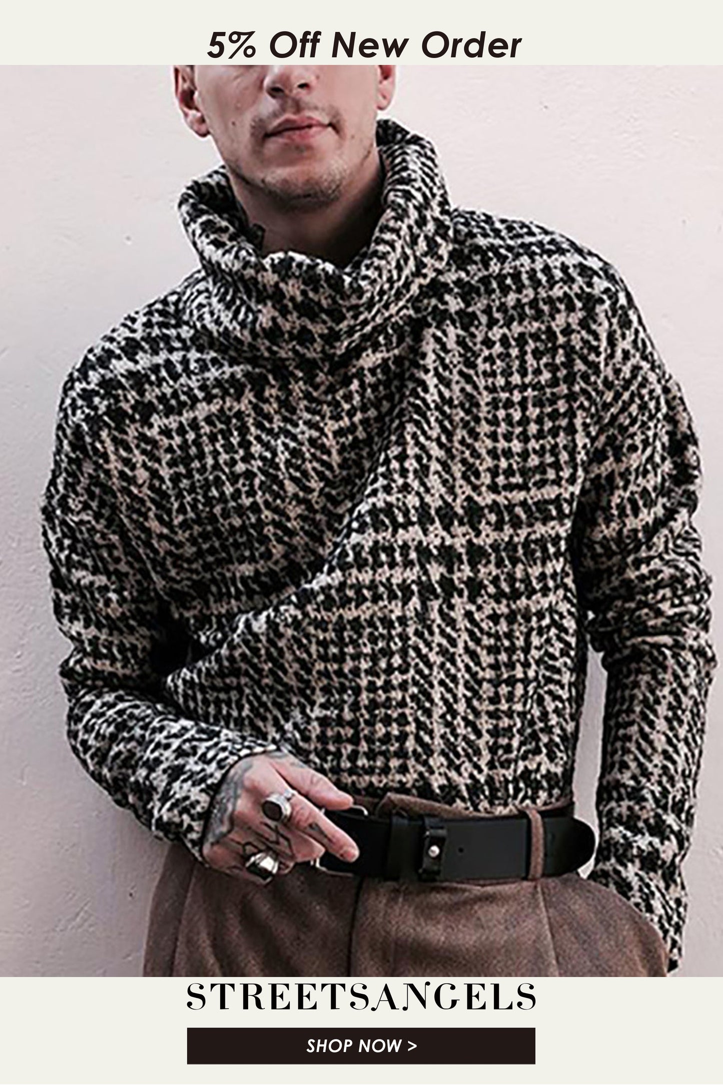 Fashion Turtleneck Men's Casual Vintage Print Loose Pullover Sweatshirts