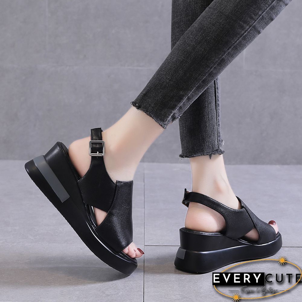 Summer Wedge Shoes For Women Sandals Solid Color Open Toe High Heels Casual Ladies Buckle Strap Fashion Female Sandalias Mujer