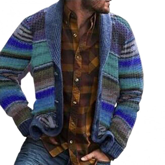 Men's Fashion Hooded Wool Striped Long Sleeve Loose Print Knit Cardigan Outerwear