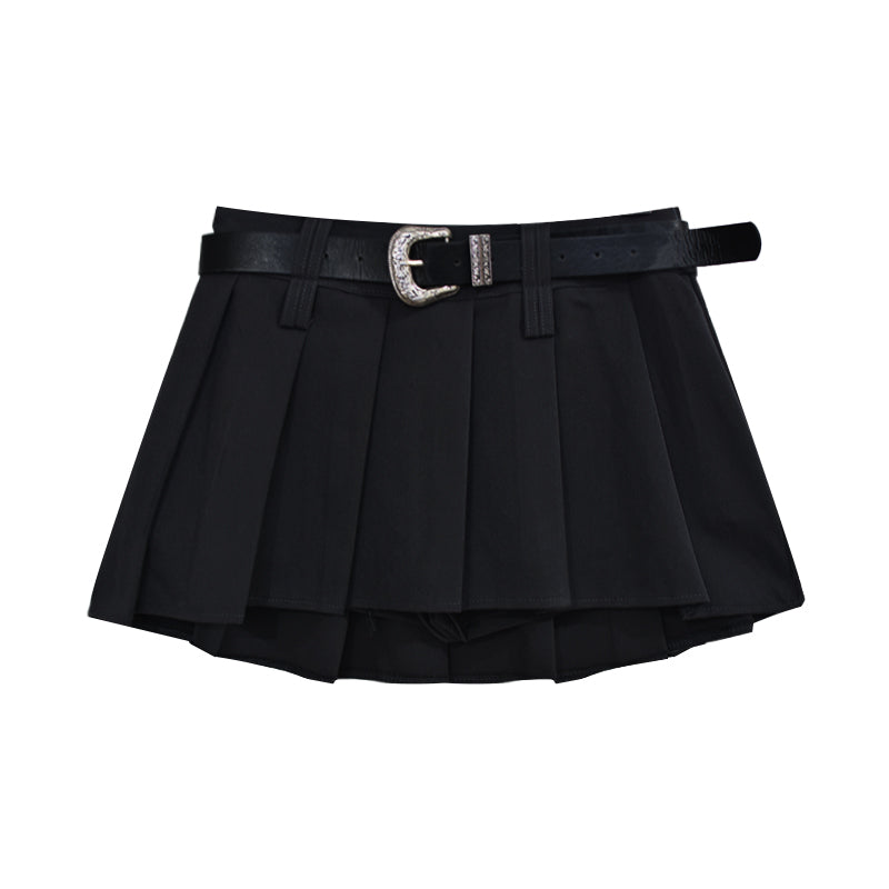 Jude Solid Color High Waist Belt Pleated A-Line Mini Skirt