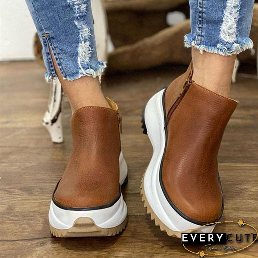 Women's Ankle Boots Casual Leather Round Toe Side Zipper Ladies Platform Shoes for Women Female Footwear Botas De Mujer