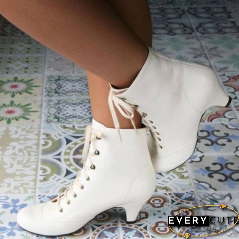 New Fashion Victorian Round Toe Leather Boots for Women Rustic Booties Steampunk Lace Up Low Heel Boots Vintage Ankle Boots Jeans Boots