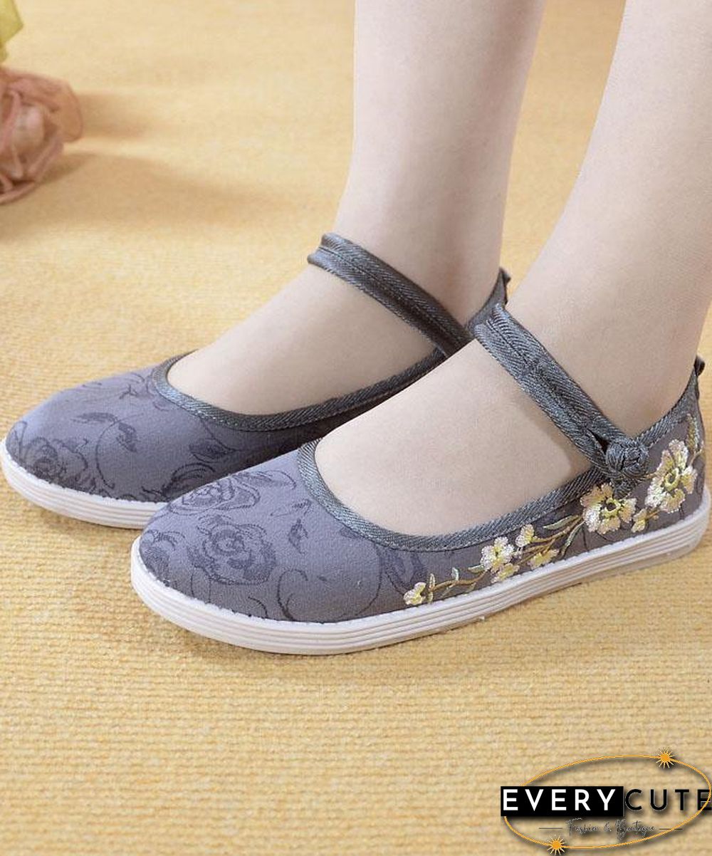 Beige Embroideried Cotton Fabric Flat Shoes Buckle Strap Flat Shoes