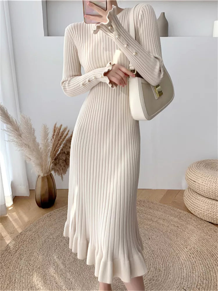 Fashion Sexy Elegant Knit Sweater Dress Slim Flared Midi Dress