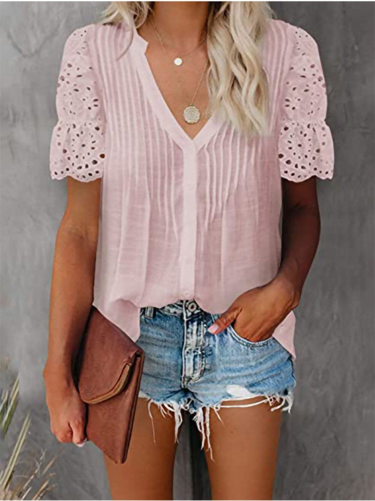 Women's Top V-Neck Lace Casual Fashion T-Shirt