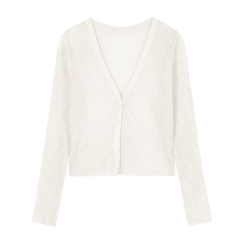 Chantelle Solid Color Ribbed V-Neck Long-Sleeved Knitted Cardigan Button Up Top