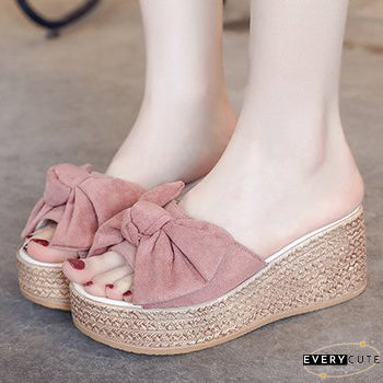 Suede Wedge Heel Sandals Shoes With Bowknot