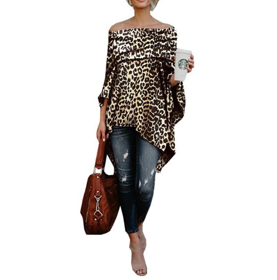 Off Shoulder Leopard Printed Asymmetric T-Shirts