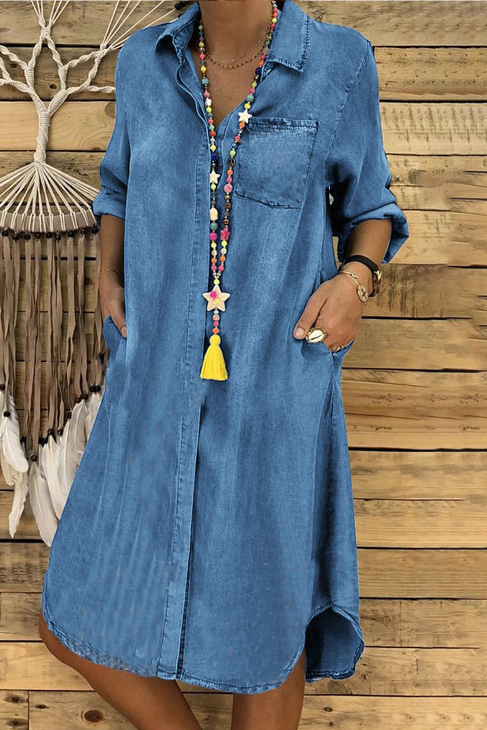 Fashion Solid Color Lapel Long Sleeve Loose Denim Casual Dress