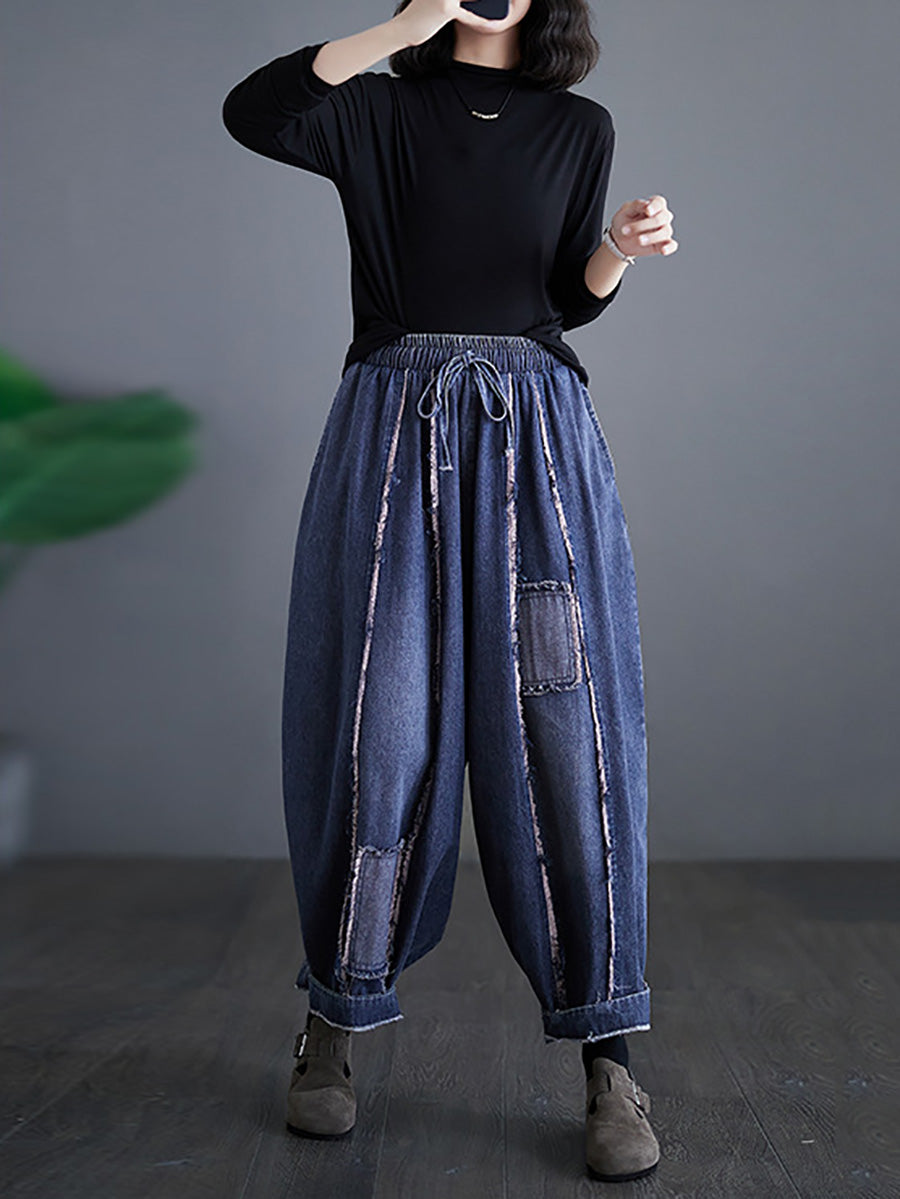 Women Summer Vintage Denim Patch Spliced Harem Pants FD031