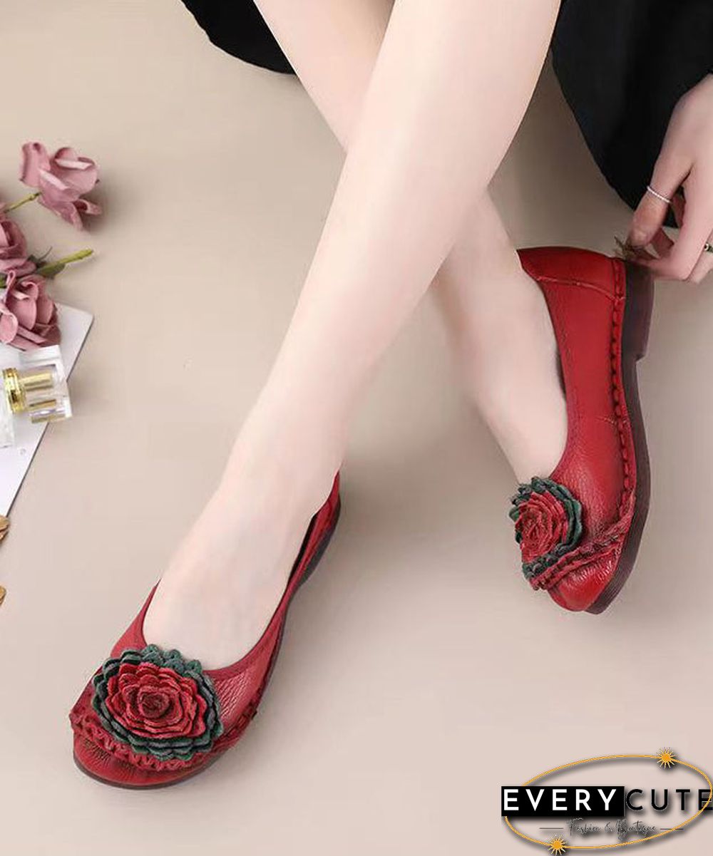 Red Flat Shoes For Women Comfortable Splicing Floral