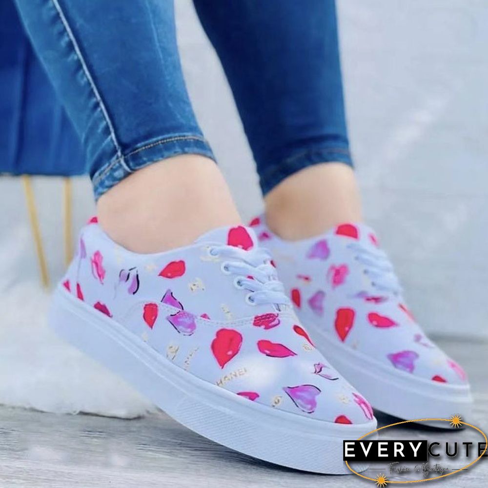 Women's Graphic Printed Round Toe Flat Heel Shoelaces Casual Shoes