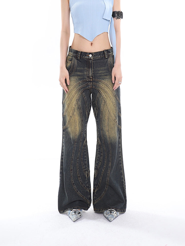 Sonio Denim Blue Washed Patchwork High Waist Straight Leg Jeans Pants