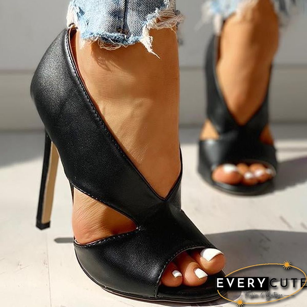 Solid Peep Toe Cut Out PU Thin Heels