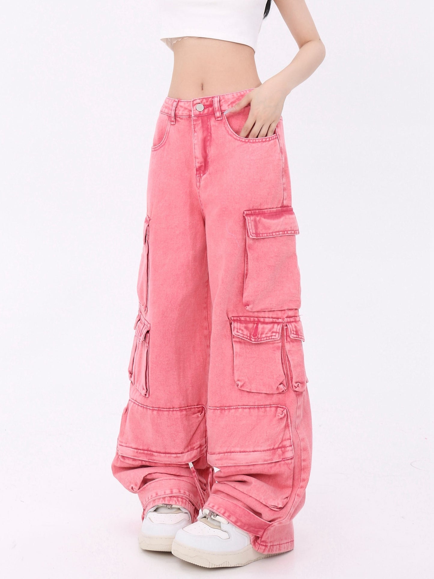 Barbie Pink Denim Multipocketed High Waist Straight Leg Jeans Cargo Pants