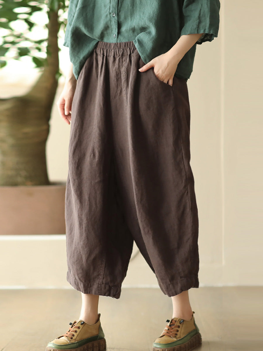 Women Summer Retro Solid Linen Loose Harem Pants FD009