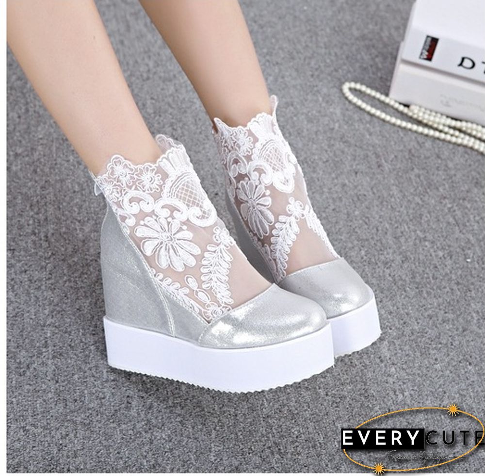 Fashion Women Lace Shoes Wedge Heels Platform Pumps Sandals High Heel Shoes Women's Platform, Lace 3 Colors