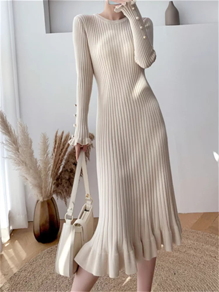 Fashion Sexy Elegant Knit Sweater Dress Slim Flared Midi Dress